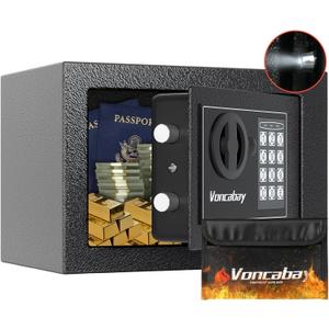 Voncabay Money Safe Box for Home with Sensor Light & Fireproof Money Bag - 0.23 Cubic Feet Security Safe Box with Digital Keypad, Keys & Pass Code Lock Black