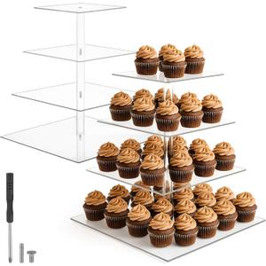 2 Pack 4 Tier Acrylic Cupcake Stand for 50 Cupcakes, Large Square Cupcake Tower, Dessert Cup Cake Tier Stand Holder, Clear Tiered Display Tree for Birthday, Wedding, Party DCor