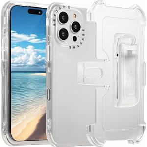 CCSamll for iPhone 15 Pro Case Crystal Clear with Belt Clip Holster, Military Drop Protection Cover Shockproof with Kickstand Phone Case for iPhone 15 Pro BLF Transparent Black