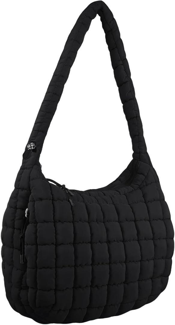 Quilted Puffer Tote Bag Large Crossbody Shoulder Bag Nylon Puffy Bubble Bag with Adjustable Shoulder Strap (Black)