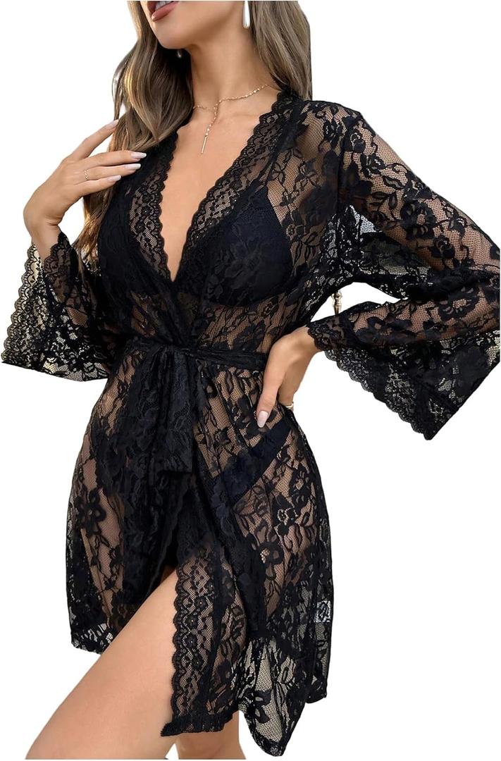 OYOANGLE Women's Floral Lace Wrap Deep V Neck Kimono Robe Flare Sleeve Belted Nightgown (Black, M)