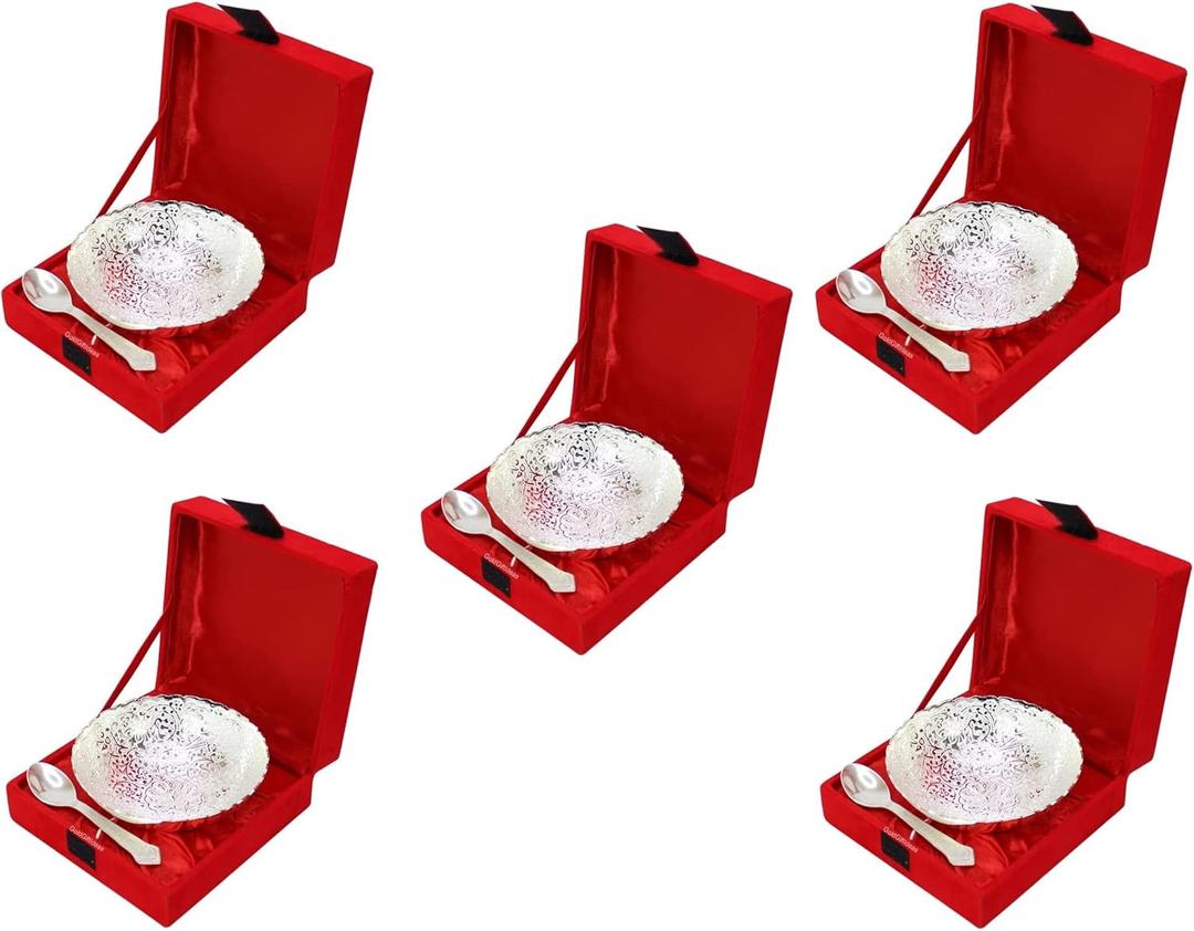 NOBILITY Bowl Spoon Set Dessert Dry Fruits Serving Diwali Christmas Eid Wedding Return Gift Items Friends Family Home Decoration Housewarming Corporate Gifts 5 Sets (Silver)