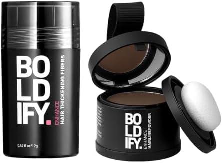 Boldify Hair Fiber + Hairline Powder: Build & Conceal Bundle - Undetectable Hair Thickener for Fine Hair, Instant Stain-Proof Root Touchup Powder, For Men & Women (Medium Brown)