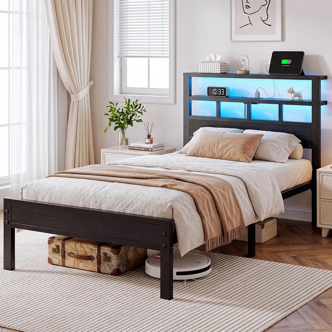 Twin Size Bed Frame with Charging Station and LED