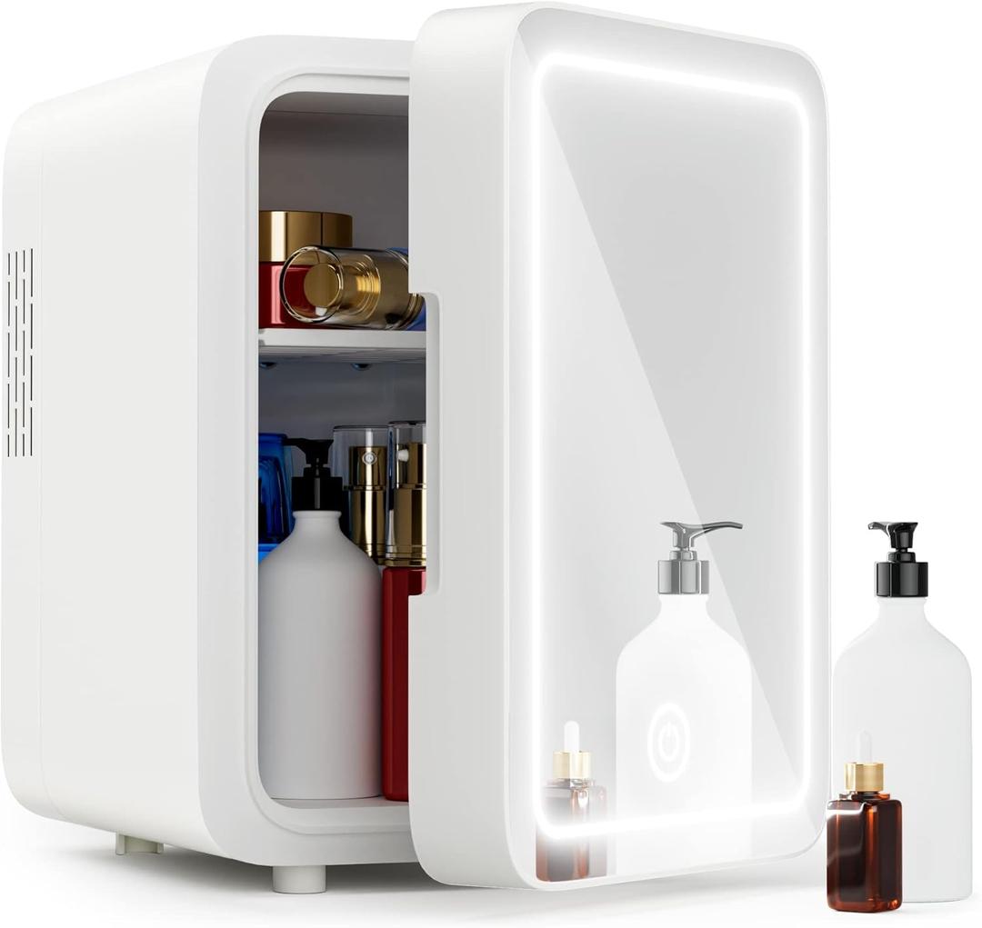 Skincare Fridge - Mini Fridge with Dimmable LED Mirror (4 Liter/6 Can), Cooler and Warmer, for Skincare and Food, Mini Fridge for Bedroom, Office and Car, White