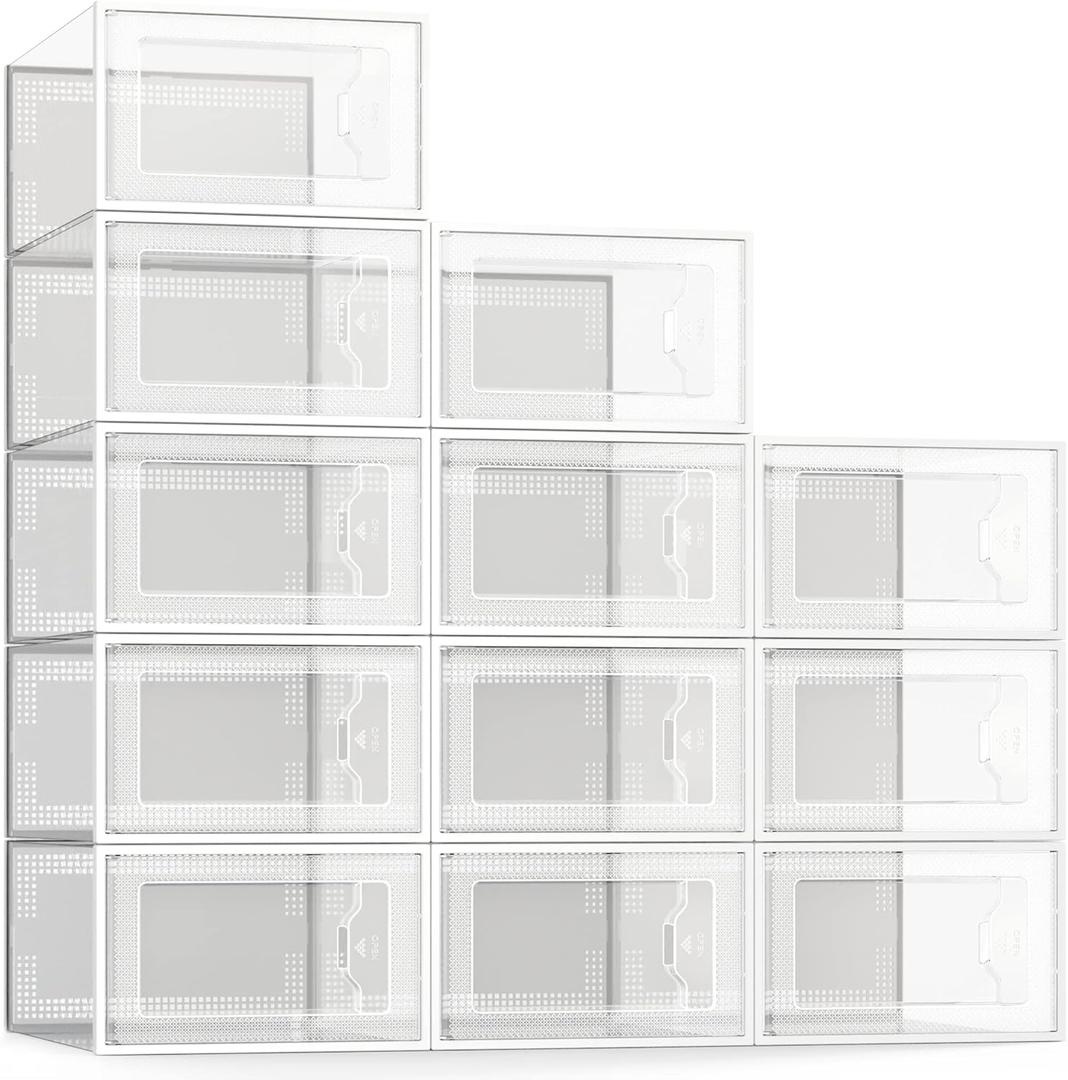 SEE SPRING 12 Pack Shoe Storage Box, Clear Plastic Stackable Shoe Organizer for Closet, Space Saving Foldable Shoe Rack Sneaker Container Bin Holder (Large Fit Size 9)