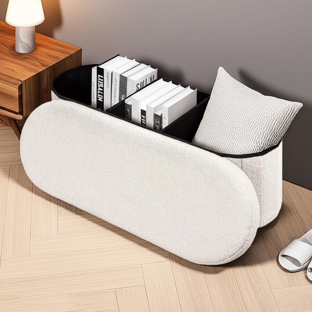 43.3 Inches Collapsible Ottoman with Storage, Bench with Storage Ottoman for Living Room, Bedroom & Entryway-Cream White