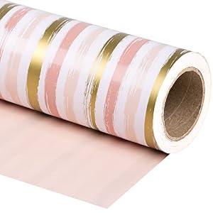 WRAPAHOLIC 30 Inch Jumbo Reversible Pink Wrapping Paper - 30 Inch x 33 Feet - Pink Gold Lines and Solid Pink Design for Girls Birthday, Baby Shower, Wedding, Bridal Shower