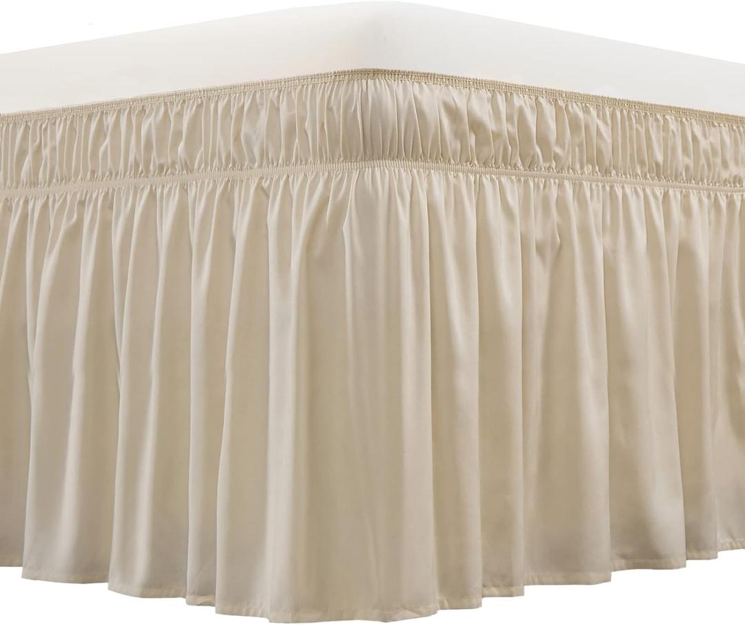 MEILA Wrap Around Bed Skirt Three Fabric Sides Elastic Dust Ruffled 16 Inch Tailored Drop,Easy to Install Fade Resistant-Beige, Queen/King