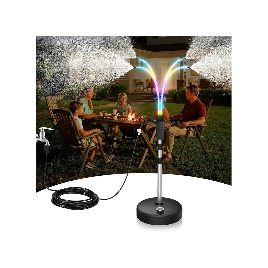 KLLEYNA Patio Mister for Outside, Stand Cooling System with 4 Lighting Tubes, Multiple Color Change Mode, Battery Powered, APP & Remote& Manual Switch Control, Time Setting, Changing Cord