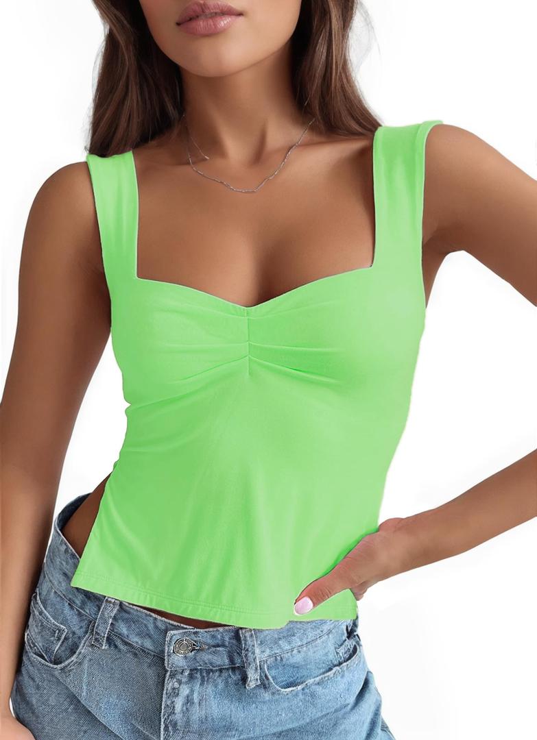 Crop Tank Tops for Women Trendy, Sleeveless Sexy Top Women Summer Bustier Going Out Tops Sweetheart Neck Double Layered Tops（Green，Small） (S)