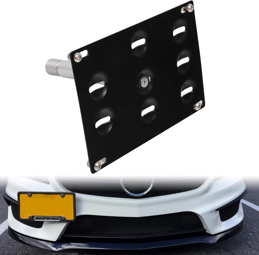 Tow Hook License Plate Mounting Bracket Holder Compatible with Mercedes-Benz W204 C-Class W212 W213 E-Class C117 CLA, GLK GLC W166 GLE ML Front Bumper Adapter No-Drill Relocation Kit