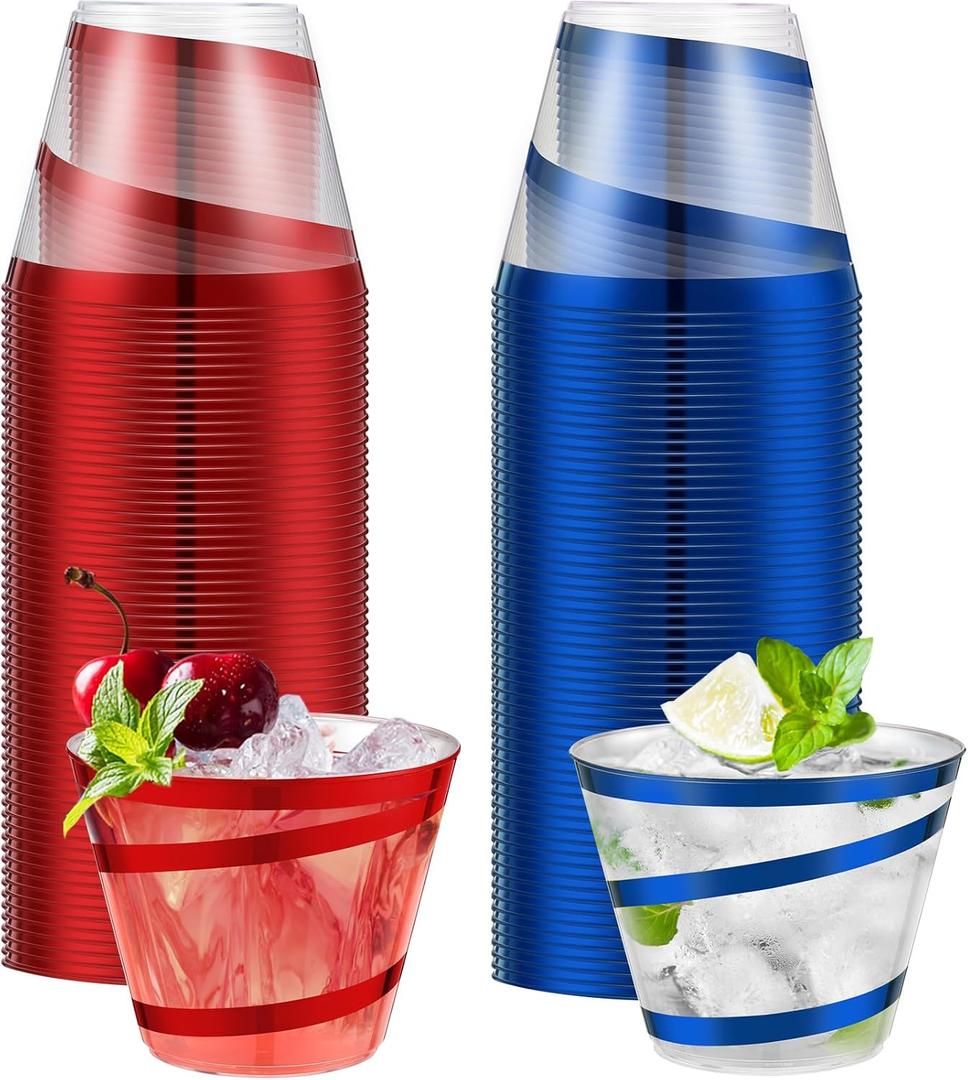 Gejoy 9 oz Rimmed Swirl Plastic Cups Disposable Wine Drinking Cups Clear Elegant Easter St Patrick Tumblers for Wedding Party Supplies (100 Pcs, Red, Blue)