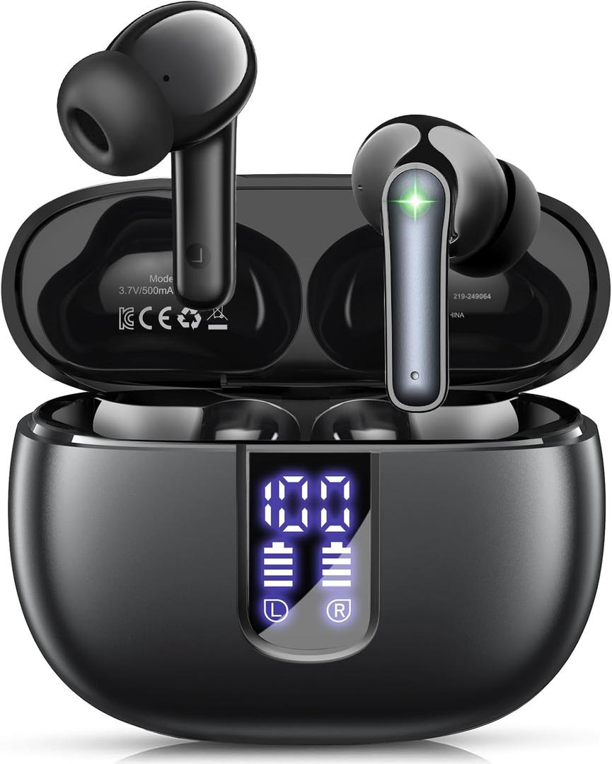 Ear Buds Wireless Earbuds - Bluetooth 5.3 Headphones (48H Playback) Built in Mic with LED Display Charging Case, IP7 Waterproof Earphone for iPhone Andriod Phones Laptop Sports Workout (Black)