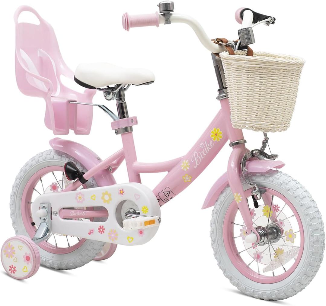 Girls Bike with Basket for Toddlers and Kids Aged 3-14 Years Old, 12 14 16 18 Inch with Training Wheels & Doll Seat, 20 Inch with Kickstand & Rear Rack, Princess Style Bicycle for Gift. (Pink & White)