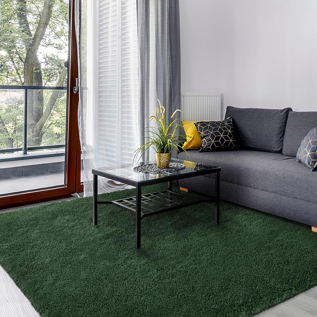 Area Rug for Bedroom Living Room, 6x9 ft Large Solid Soft Fluffy Dark Carpet, Washable Non-Slip Plush Fuzzy Shag Floor Mat for Bedside Home Office Decor, Forest Green