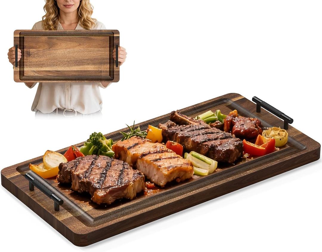 Large Wooden Charcuterie Boards with Handles,23.6x11.8inch Wooden Serving Trays, Rectangular BBQ Meat Cheese Board Platter for Party Appetizers, Home & Outdoor