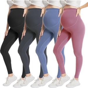 WELL&JUST Maternity Leggings Over The Belly - Ultra Soft Pregnancy Active Wear for Workout Casual, High Waist Yoga Tights (Small, 4 Packs-black/Dark Grey/Blue/Dark Pink)