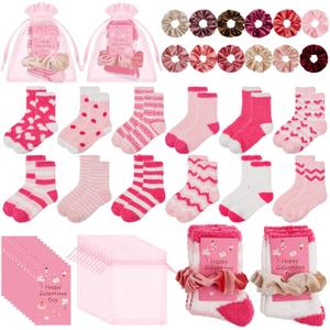 48 Pcs Galentines Day Gifts for Women, 12 Set Pink Valentines Gift Set with Fuzzy Socks, Velvet Hair Scrunchies and Greeting Cards, Cute Galentines Bulk Gifts for Friends, Coworkers