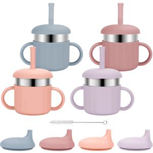 Baby Sippy Cups, 7.4 Oz Sippy Cups, 3 Stages Training Cup, Straw Cup for Infants Toddlers 6-12 Month and Kids 1-3 Year, Stainless Steel Kid Cups with Silicone Straws, 4 Colors B (Coral+Blue+Pink+Purple)