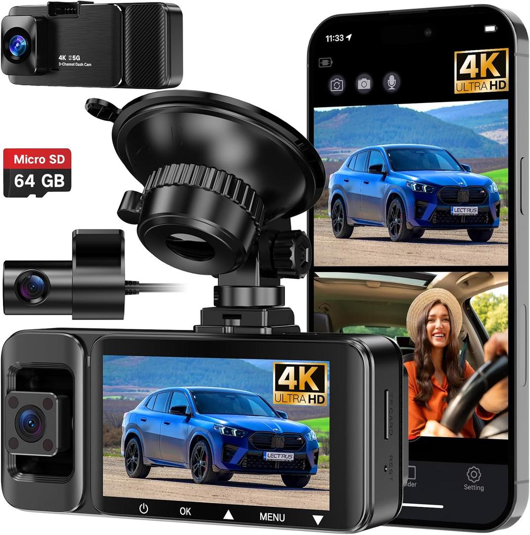 3 Channel Dash Cam Front Inside and Rear Wireless, 4K +1080P Car Dash Camera with Night Vision, 64GB Card, APP Control, Loop Recording, Built-in WiFi, G-Sensor, 24H Parking Mode, 3" IPS Screen