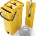 JOYMOOP Industrial Mop and Bucket Set, 17.7-inch Dust Mops for Floor Cleaning, Flat Mop Bucket with Wringer, Include 3 Reusable Microfiber Mop Pads - Yellow