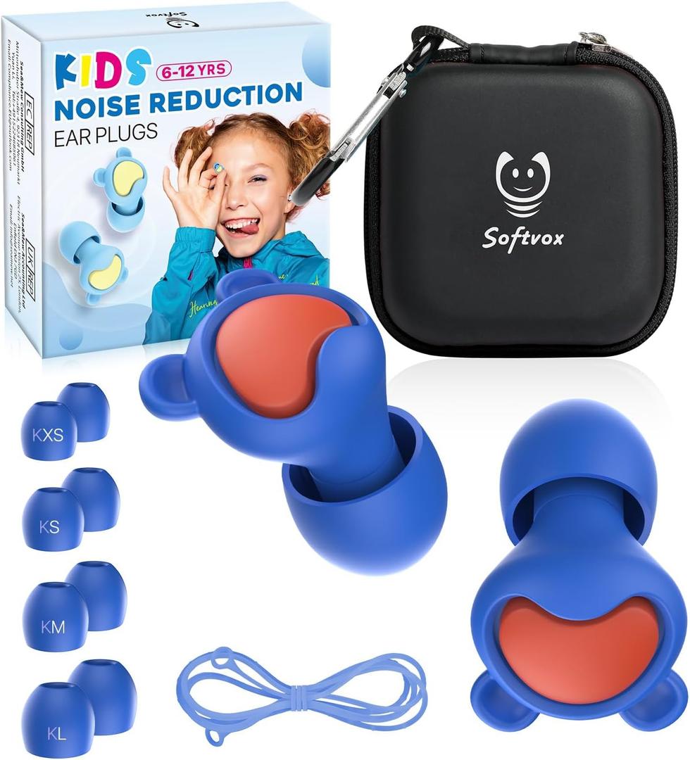 Kids Ear Plugs (6-12 Years) with Cord, Kids Ear Protection Reusable Noise Relief Earplugs for Focus, Travel, Concert, Socializing, Events, Sleep, Anxiety, Home, School, Playtime -26dB Noise Reduction