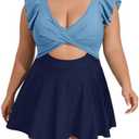 B2prity Women's Plus Size Swimsuit Tummy Control One Piece Swimdress Ruffle V Neck Cutout Wrap Bathing Suit with Skirt Size 20W, Blue Color Block 