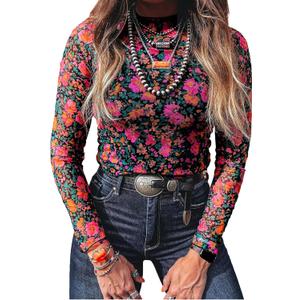 SELINK Long Sleeve Mesh Tops for Women Floral Print Sheer Blouses Mock Neck See Through Shirts Rose-S