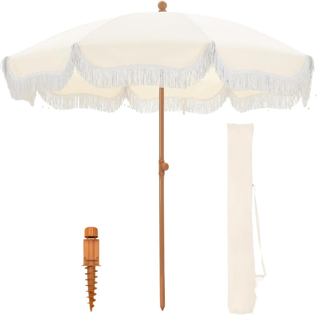 GREEN PARTY 7ft Patio Umbrella with Fringe, Portable Outdoor Beach Umbrella with Sand Anchor, Carry Bag, Push Button Tilt, UPF 50+ UV Protection, White