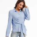 Fyralis Women's Dressy Long Sleeve Button Down Blouse with DIY Knot, Business Casual Lightweight Solid Shirt (US, Alpha, X-Large, Regular, Regular, Blue) (Blue, XL)