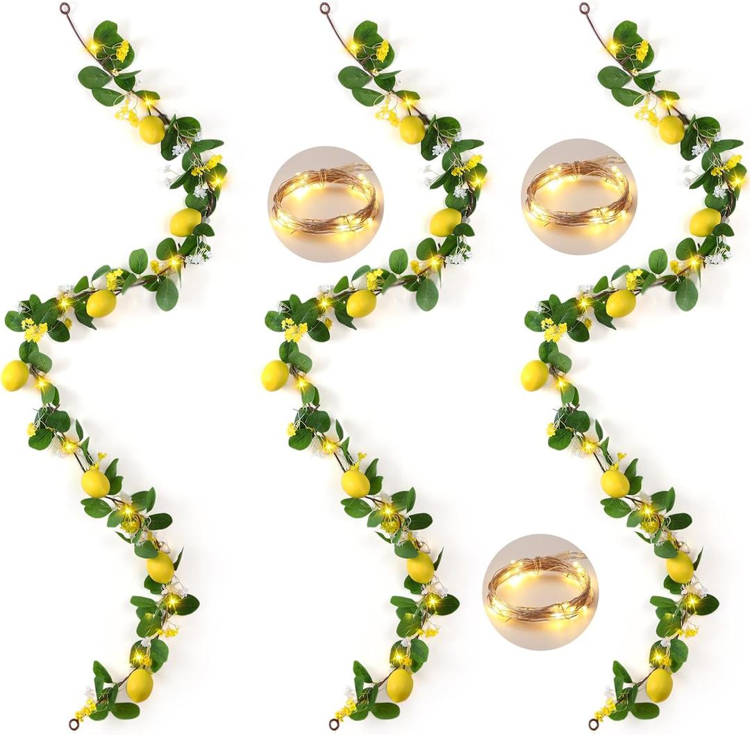 3 Pcs 5.74 ft Artificial Lemon Garland Lemon Vines Garland with Greenery Fake Fruit Party Decoration with Battery Powered Light for Home Door Wall Mantel Wedding Kitchen Table (Stylish Style)