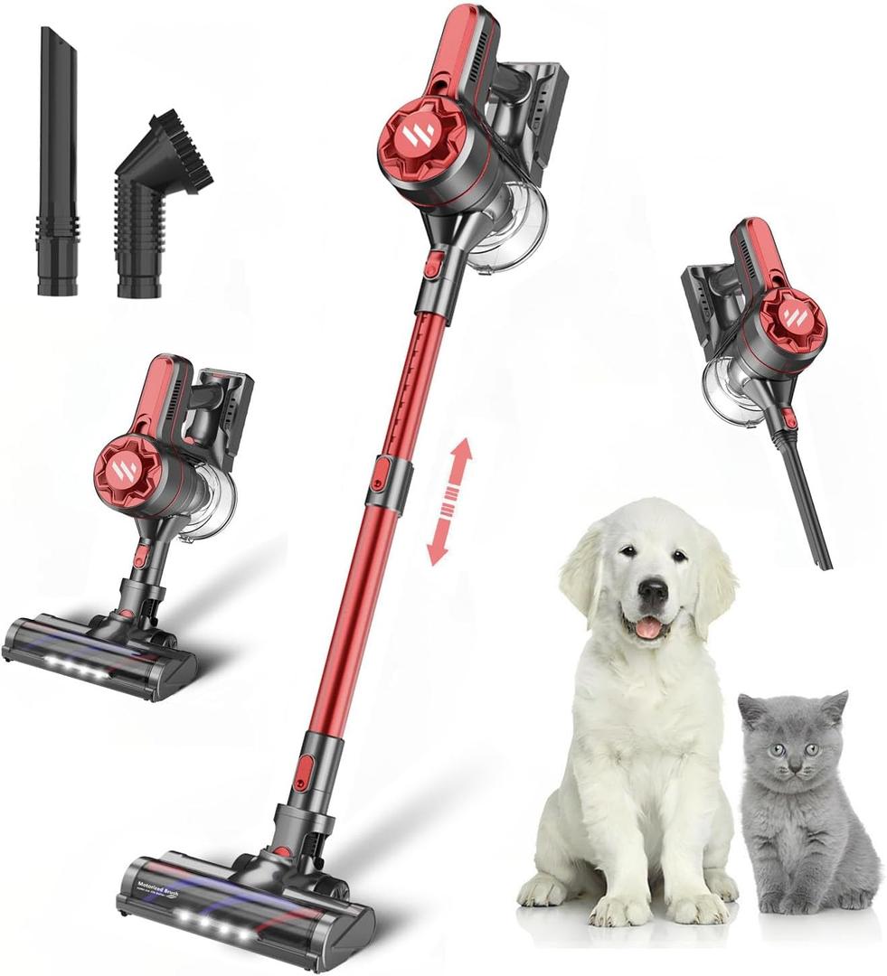 Cordless Vacuum Cleaners for Home with Powerful Suction,Stick Vacuum Cordless Rechargeable,Up to 35 Mins Runtime,Lightweight Hardwood Floor Vacuum for Pet Hair,Carpet(Dark Red)