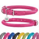 Rolled Leather Dog Collar Soft Round Collars, ID Tag for Small Medium Large Dogs (11-14 inch, Rose & Silver Buckle)