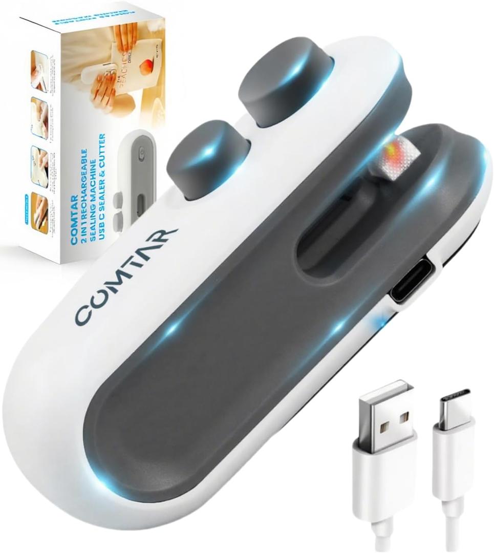 Upgraded Vacuum Sealer Bag Sealer With Cutter And Magnet, 2 In 1 Rechargeable Vacuum Sealer Bag Heat Seal Machine With Sealer&Cutter For Plastic/Chip/Vacuum Sealer Bags (White 2.0)