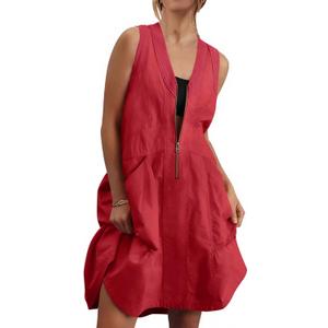 Fisoew Women's Sleeveless Tank Mini Dress Casual Half Zip V Neck Loose Mesh Back Utility Summer Dresses with Pockets (X-Large, Red)