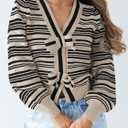 Saodimallsu Womens Striped Cropped Sweaters V Neck Cute Bow Tie Puff Sleeve Loose Knit Trendy Pullover Sweater (Small, Apricot)