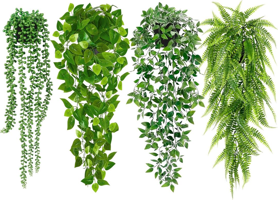 Artificial Hanging Plants for Shelf, 4 Pack Fake Potted Greenery Plant Faux Mandala Vine, String of Pearls, Ivy Vine,Persian Grass Fern in Pot for Desk Home Bathroom Farmhouse Room Table Decor