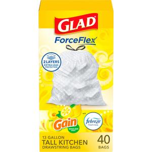 Glad ForceFlex Tall Kitchen Drawstring Trash Bags, 13 Gal, Gain Lemon Zest, 40 Ct