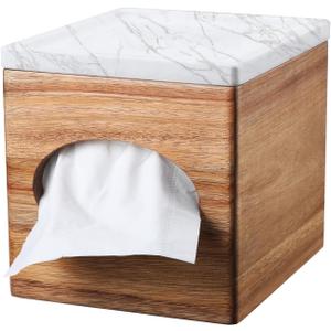 Acacia Tissue Box Marble top Natural Wood Decorative Tissue Cover for Bathroom Tissue Box Cover Cube for Home Office Table Counter Tissue Holder with stoarge Tray