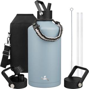 Konokyo Gallon Insulated Water Bottle with Straw,128 oz 3 Lids Water Jug with Carrying Bag,Paracord Handle, Double Wall Vacuum Stainless Steel Metal Flask,Storm Blue