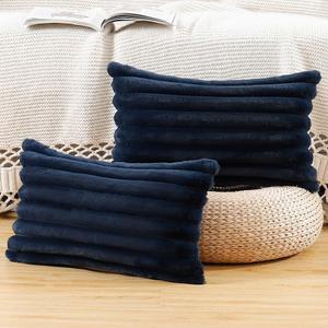 MADIZZ Set of 2 Faux Wool Plush Decorative Throw Pillow Covers 12x20 Inch Dark Blue Fluffy Striped Soft Decorative Cushion Cover for Sofa Bedroom Pillow Shell