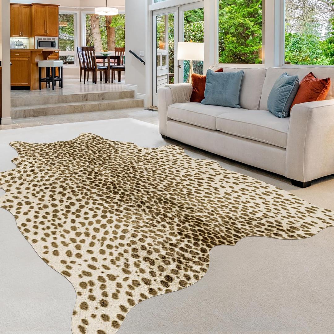 WARM HAVEN Leopard Print Rug, Animal Print 4.6x5.2 Feet Cowhide Rug for Living Room Bedroom Cow Hide Cheetah Faux Fake Antelope Deer Western Rustic Multicolor