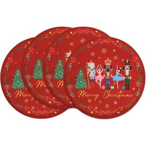 Christmas Nutcracker Round Double-Layer Placemats, 14, Set of 4 Washable Heat-Resistant Non-Slip Cloth Table Mats for Christmas Seasonal Holiday Decor (Red)