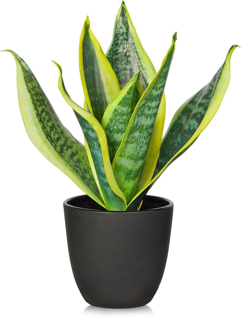 Fake Plant 11.22 Inch Fake Snake Plant Artificial Plants Indoor Sansevieria Faux Plants with Black Pot Artificial Snake Plant for Living Room Bathroom Office Table Centerpieces Shelf Home Decor (Green #14)