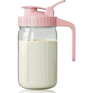 Breast Milk Pitcher, Mason Jar 32 oz, Heavy Duty Wide Mouth Jar with Pink Flip Cap Lid and Pour Spout, Airtight Seal for Freshness and Convenience, Great for Cold Beverages and Home Entertaining