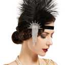 SWEETV 1920s Flapper Feather Headband Sparkling Rhinestone Roaring 20s Showgirl Gatsby Headpiece Hair Accessories (Black)