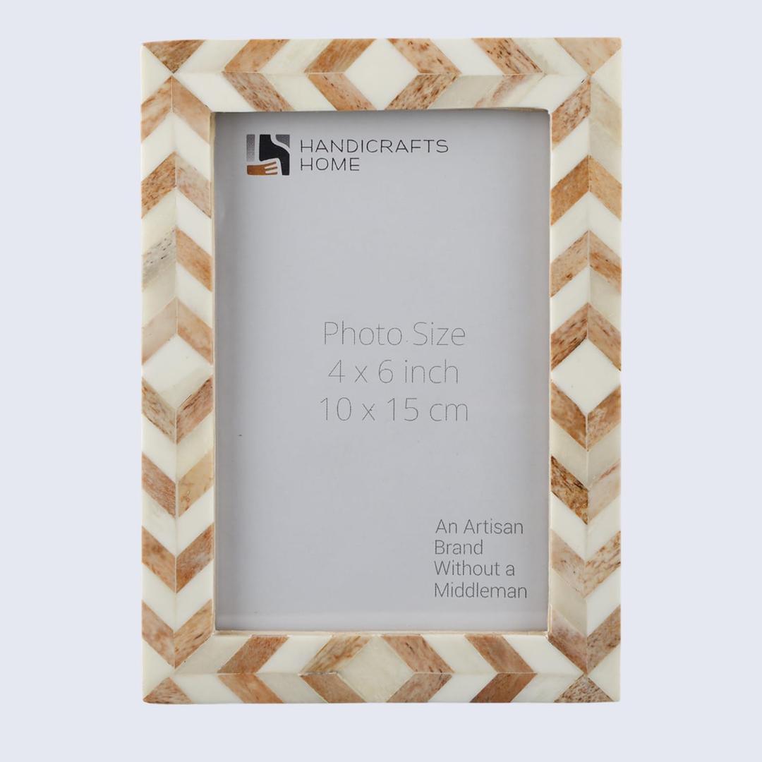 Handicrafts Home Chevron Mosaic Picture Frame Handmade Bone Inlay 4 by 6 Photo Frame for Tabletop & Wall Decor, Home Decor, Boho Chic Coastal Farmhouse Frame, Colorful Desk & Shelf Decor- Brown White
