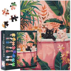 Jigsaw Puzzles for Adults 1000 Pieces - Cats in Tropical Bathtub Puzzle Lush Plants Relaxing Jigsaw Puzzles, Bothroom Illustration Art Puzzle Gift for Home Wall Decor (50x70cm)