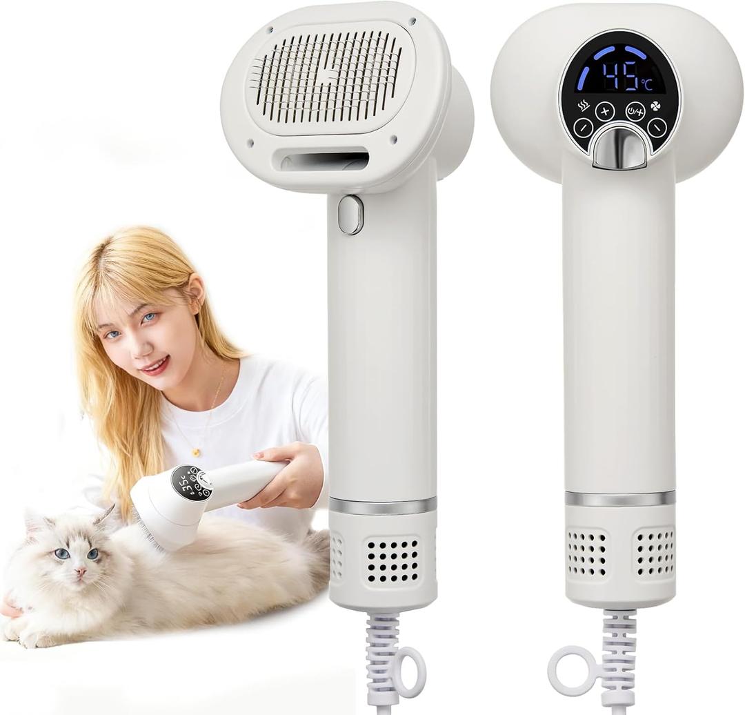 3-in-1 Dog Hair Dryer Brush - Adjustable Temp (35C-60C) & 4 Speeds, One-Touch Hair Collection for Safe Grooming of Small & Medium Dogs